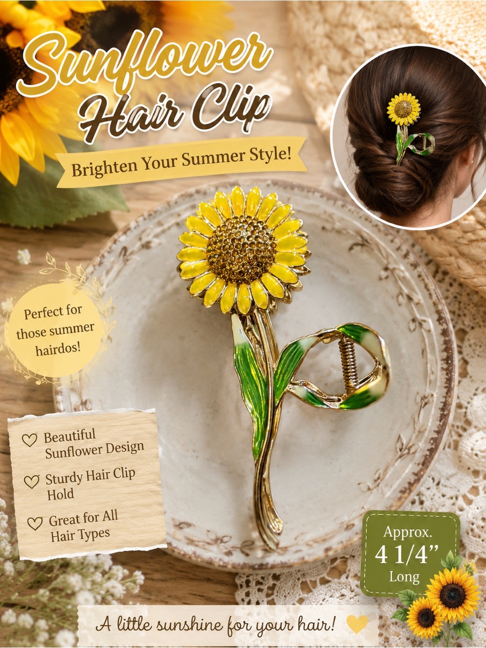 Sunflower Hair Clip - Yellow & Green Floral Hairpin